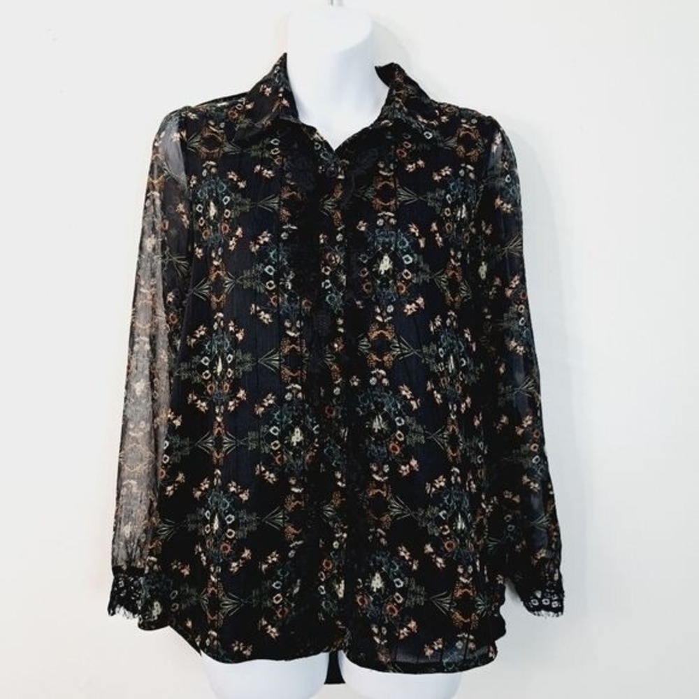 Allison Black English Garden Lace Trim Sheer‎ Sleeve Button Up Shirt Size Small